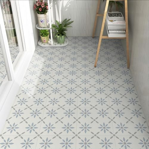 Lot de 10 carreaux de sol autocollants en vinyle imperméable pour cuisine, salle de bain, salon, couloirs, bleu et blanc, 30 x 30 cm