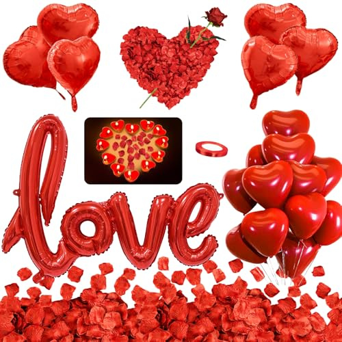 Romantische Dekoration, Kerzen und Blütenblätter Set, 50 Liebe Herz geformte schwimmende Tee Lichter Kerzen 2000 Seidenrote Rosenblätter + 18 Romantische Ballone für Hochzeit, Valentin und Verlobung