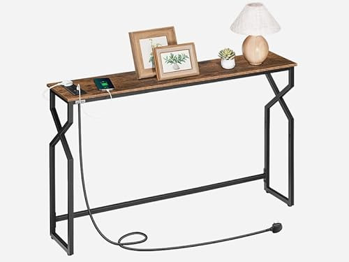 MAHANCRIS Console Table, Entryway Table with Charging Station, Narrow Couch Table for Entrance, Bedroom, Living Room, Hallway, Corridor, Office, Rustic Brown and Black ACTHR113KE01