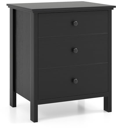 COSTWAY Bedside Table with 3 Drawers, Wooden Nightstand Sofa Side Table with Storage, Modern Bedside Cabinet Drawer Chest Accent End Table for Living Room Bedroom, 56x45x66cm (1, Black)