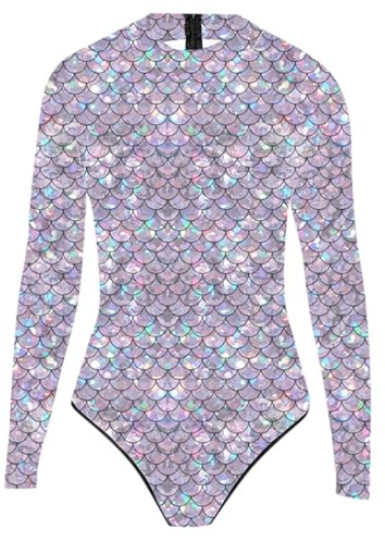 Nlaayong Damen Meerjungfrau Badeanzug Bademode Fisch Schuppen Print Langarm Body Tops Sexy Jumpsuit Auffällig,Kostüm Meerjungfrau