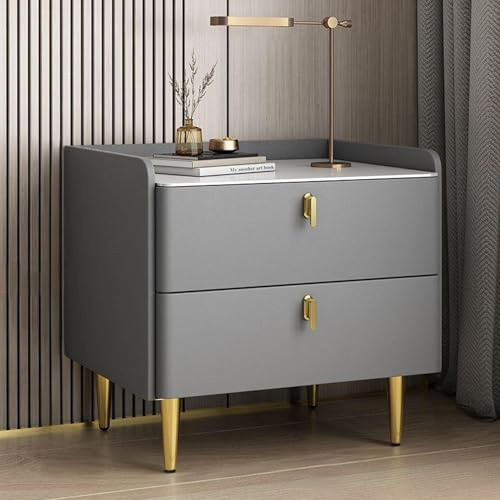 Liuwopa Mesita de Noche Moderna de Madera, Almacenamiento de Mediados de Siglo, con Asas de Metal y Tablero de Piedra