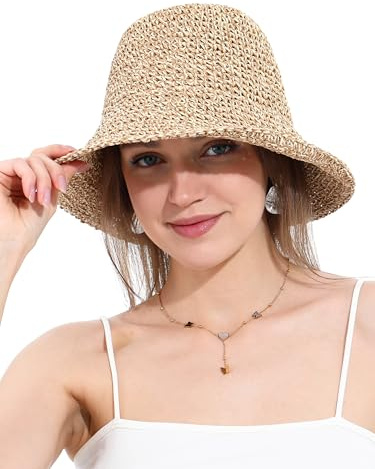 sy soul young dam stråhatt bred brätte handvävd vikbar strandhink sommar UV-skydd UPF50 resa, Beige & kaffe, one size