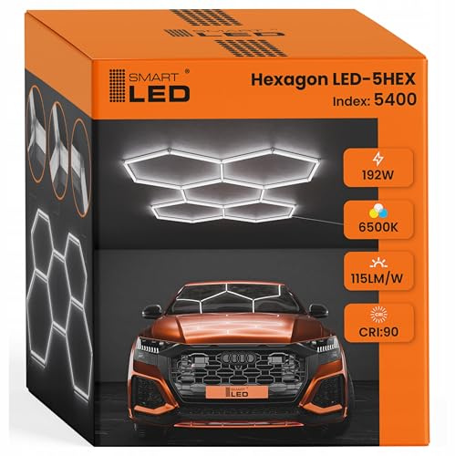Garagenlampe LED Hexagon 298x209 cm – 24er Set Werkstattbeleuchtung 192W 22080 lm – 6500K Kaltweiß – IP54 – Flimmerfrei – CRI>90 – LED Panel Lichtsystem für Garage, Studio, Detailing, Büro