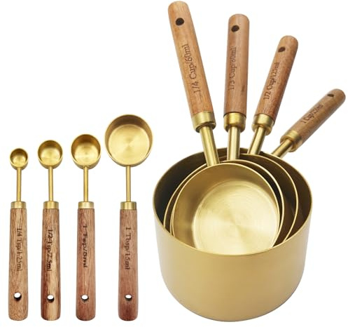 Messbecher und MesslöFfel, Premium Edelstahl,8 Stück, Holzgriff, Mit Metrischen und US MaßEn, Trockener & FlüSsiger Messbecher