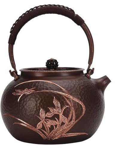 OZBMA Théières en cuivre pour cuisinière, Bouilloire en cuivre Pur sans revêtement avec Motif orchidée martelé à la Main, Grande capacité et théière en cuivre Massif (1 200 ML)