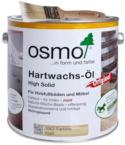 Osmo Hartwachs-Öl Original 3062 2,5 l farblos matt für innen + Flächenstreicher Pinsel von Pfahler Gratis. Holzschutzmittel Landhausdielen Korkfußboden Möbeloberflächen