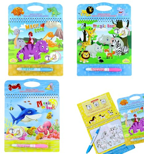ShnminEU Lot de 3 livres de coloriage à l'eau magiques pour enfants – Livres de coloriage réutilisables avec 3 stylos à eau et poignée de transport pratique – Plaisir créatif sans taches