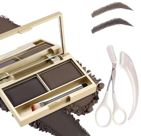 2 in 1 Wasserdichtes Augenbrauenpuder Kit mit Spiegel & Pinsel - Wischfest Lang Anhaltende Brow & Lidschatten Palette mit Rasierer und Schere - Dunkelbraun & Tan