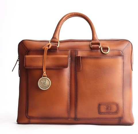 DE LAMASSU Julian Premium Echtleder-Laptoptasche, 16 Zoll, Unisex Business-Tasche mit Trolleyband, Schwarz (Hellbraun)