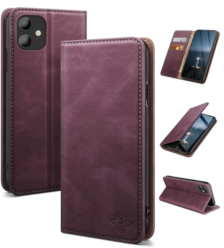 SUANDUCK for iPhone 11 6.1 phone case magnetic leather flip case with RFID-blocking card compartment, adjustable stand and 360° drop protection with Apple 11 Wine Red