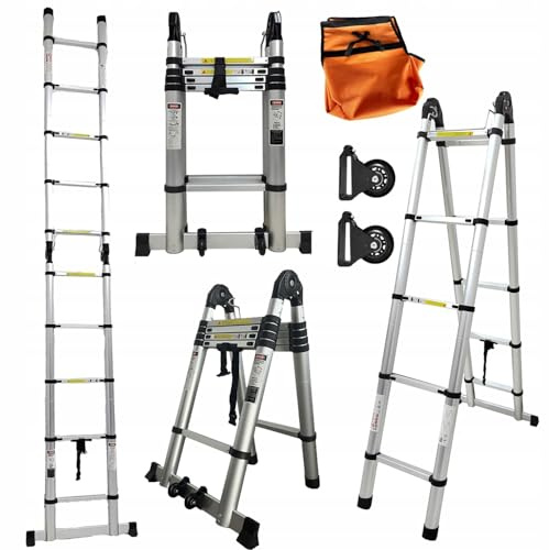 Hooha Teleskopleiter 4.2m/5.8m/6.6m Step Ladder für Wohnmobil Wohnmobil-Leiter für Reisen Aluminium Ausziehleiter Strapazierfähig rutschfeste mit Räder (4M2)