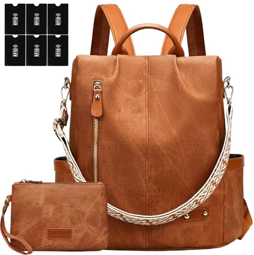 ONETOALL Rucksack Damen Klein Diebstahlsicher mit 6 RFID Blocker Schutzhüllen, Cityrucksack Damen Elegant, Damenrucksack Handtasche Modern, für Städtetrip Alltag Unterwegs Braun Danim Leder