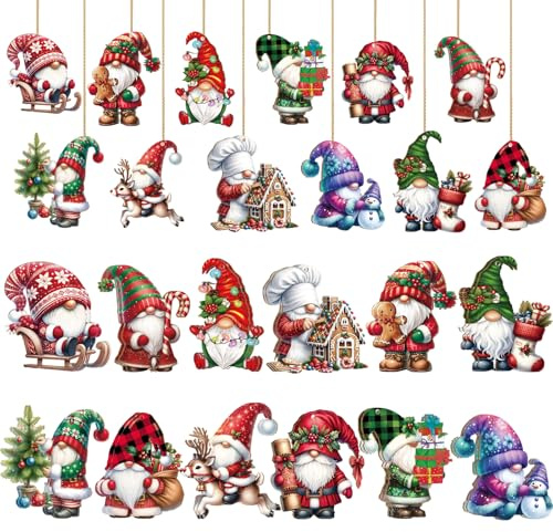 TAXTYHRE 24 Stück Holz Weihnachten Anhänger, Weihnachtsanhänger Wichtel, Niedliche Zwerg Ornamente mit Schnur, Weihnachtsdeko Innen und Draußen, für Weihnachten Kränze Kamine Fenster Dekorationen