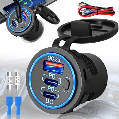 Benaton 48W Quick Charge 3.0 Steckdose 12V/24V Auto mit Schalte, 3 Anschluss Quick Charge 3.0 USB Steckdose Auto, PD Typ C & QC 3.0 USB Einbau Buchse Wasserdicht KFZ Ladegerät(Mit 60cm Stromkabel)