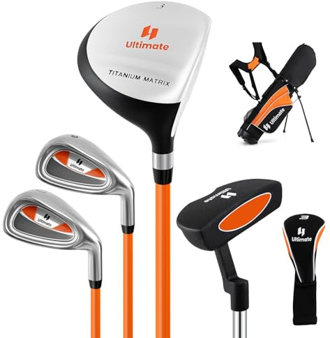 COSTWAY 5-delat set med golfklubbor för barn, högerhänta med 3 Fairway, 7/9 järn, putter och golfväska, golfklubbset för barn från 8–10 år (orange)