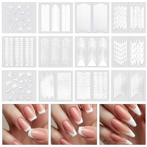 Qianyu 36 Blatt 1158 Stück French Maniküre Aufkleber 17 Designs Selbstklebende French Tip Guides Nagelaufkleber für DIY-Dekoration Nails Schablone