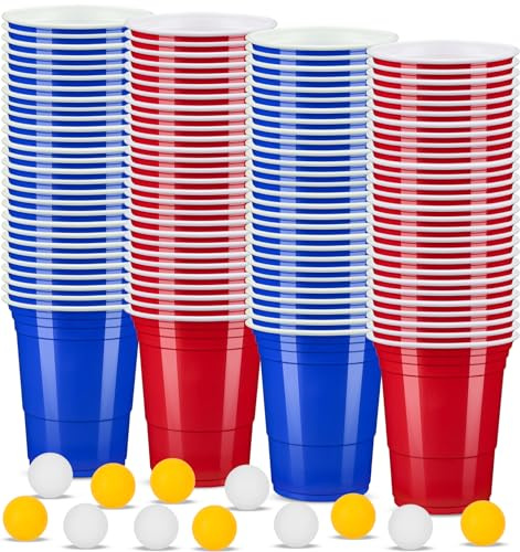 ZLPBAO Becher Set, Becher Partybecher Enthält 100 (16oz) Plastikbecher Set Mehrweg Becher mit 12 pcs Bierpong, für Camping, Weihnachten, Hochzeit und Partys