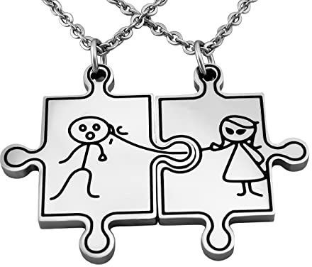 Hanessa 2 Stück Personalisierte Kette mit Gravur Edelstahl mit Anhänger Puzzle Teil in silber schwarz gold - Personalisierte Geschenke für Damen Herren Freundin Freund - Partner Halskette Sie Ihn