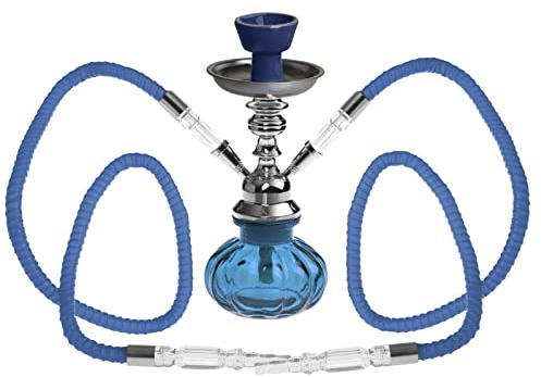HIBRON® Cachimba shisha hookha pequeña 25cm 2 mangueras, kit de iniciación completa premium (azul)