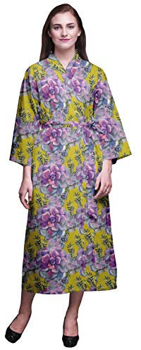 Bimba Gelb Blumen- Blätter & Begonie bedruckter Bademantel für mädchen Kimono bademäntel für Frauen Lange Braut dusche Roben S