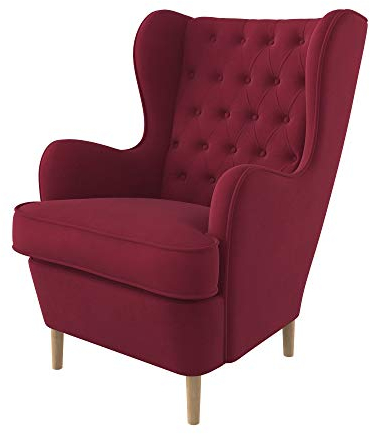 Furninero - Ohrensessel, Flügelstuhl, Flügel Sessel, tiefer gepolsterter, Chesterfield-Stil, gerundete Beine, Majestic Velvet Wine Red Stoff (Fleckenresistent/Licht zu reinigende), Rot