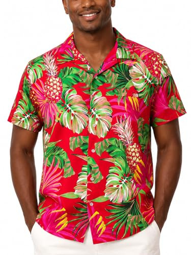 King Kameha Funky Chemise-Hawaienne, Manche-Courte, Pineapple-Leaves, Rouge, L