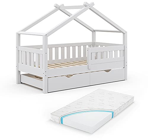 VitaliSpa Hausbett Design, Weiß, 80x160 cm | mit Gästebett und Matratze, geeignet als Spiel- und Schlafbereich für Kinder