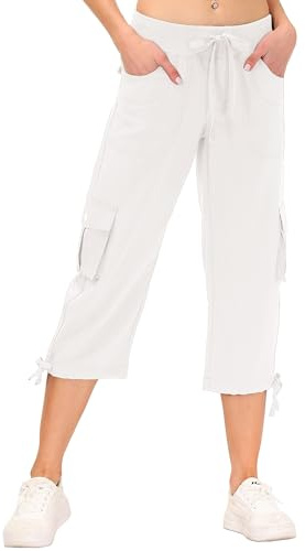 JINSHI Women Casual Cropped Trousers Ladies Capri Pants Relaxed Fit Crop Summer Three Quarter 3/4 Length Shorts with Multiple Pockets Beige M