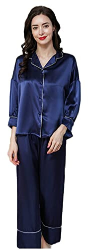 WTWVIAN Pijama de seda para mujer, 100 % pura morera natural, conjunto de pijama de seda para mujer, con caja de regalo, Azul real, XL