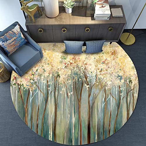 Nordic Area Teppiche Runder Teppich für Wohnzimmer Schlafzimmer oder Küche, Grüne Waldblumen Ölgemälde,ø 120 cm