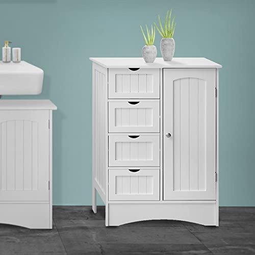 ML-Design Badezimmerschrank Weiß, 55x81x30 cm, Badschrank mit 1 Tür, 4 Schubladen, viel Stauraum, freistehend, Landhausstil, Badkommode aus MDF-Holz, Badezimmer Kommode, Aufbewahrungsschrank Badmöbel