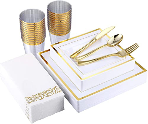 Square Dishes Plates Cups Cutlery for 25 on Special Occasions,175 Pieces of Reusable Plastic Dinnerware for Dinners, Birthdays, Valentines, Parties, Easter, Weddings, Summer Celebrations (Gold)
