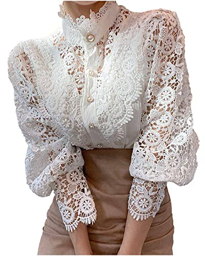 2023 Camiseta de Manga Larga Mujer Moda Colores sólido Blusa Encaje Elegante Camisa Cuello Alto Suelto Tops Fiesta Casual T-Shirt Original otoño Primavera Botones tee Cómodo Jersey