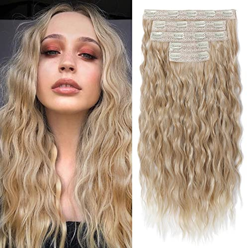REECHO Haarverlängerungen zum Einclipsen, 5 Teile 60 cm dicke lange lockere Wellen Haarverlängerungen Unsichtbare Spitze Flechte Natürliche weiche Haarteile für Frauen - Dunkelblond mit hellen Enden