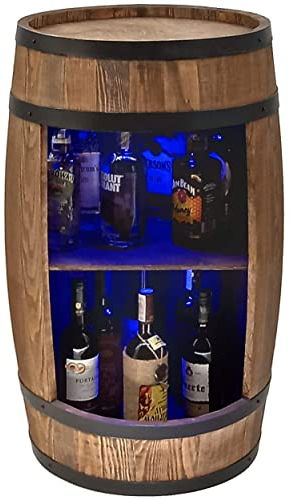 CREATIVE COOPER Weinregal Holz mit LED-Leuchten - Weinschrank Mini Bar - Alkohol Schrank Mann - Barschrank - Fass bar - 80cm hoch - Retro deko Bar Regal - Nadelbaumholz - Fassbar - Fassmöbel (Wenge)
