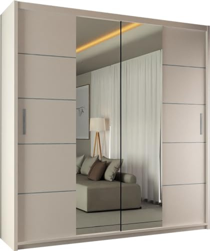 SLIDING WARDROBE 4U Winnipeg Double Door Sliding Mirror Wardrobe with Adjustable Shelves and Hanging Rails (White, 203cm)