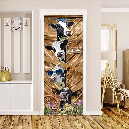Door Stickers Decals Peel and Stick Removable Wallpaper Funny Cow Decals Cow Print Decor Rustic Farm Animal Sticker Cow Art Vinyl Door Decals for Living Room Kitchen Home Farmhouse Decor,30.3 x 78.7