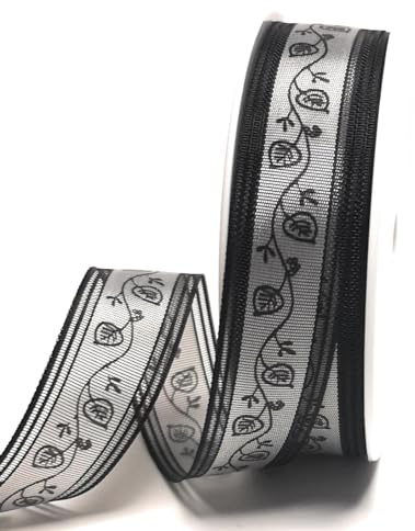 s.dekoda Trauerband 25m x 25mm Schwarz mit Blattranke Dekoband Trauerschleife [D6563]