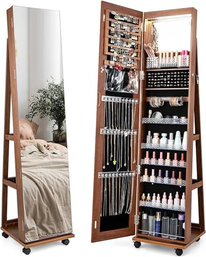RELAX4LIFE Schmuckschrank mit Ganzkörperspiegel, 3 in 1 Spiegelschrank mit 4 Rädern & 3 farbigen LEDs, 360° Drehbar & Abschließbar, Schmuckorganizer mit 3 Regalen (Braun)
