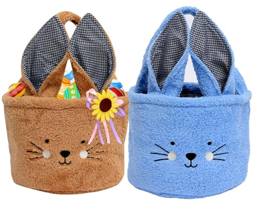 Tierisch süßer Osterkorb - Osterhase Plüschkorb zum Befüllen und Verschenken als frühlingshafte Osterdeko und Geschenkidee für ein blumiges Osternest. (Braun & Blau)
