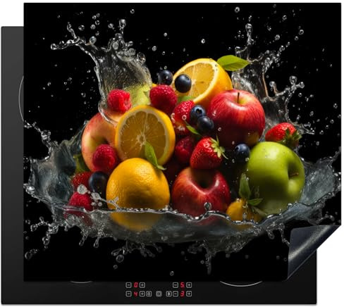 KitchenYeah© Herdabdeckplatte Einteilig Herdabdeckung Abdeckplatte für | 60x52 cm - Ceranfeld Abdeckung Induktionskochfeld Aufrollbare Matte Obst - Apfel - Orange - Rot - Wasser
