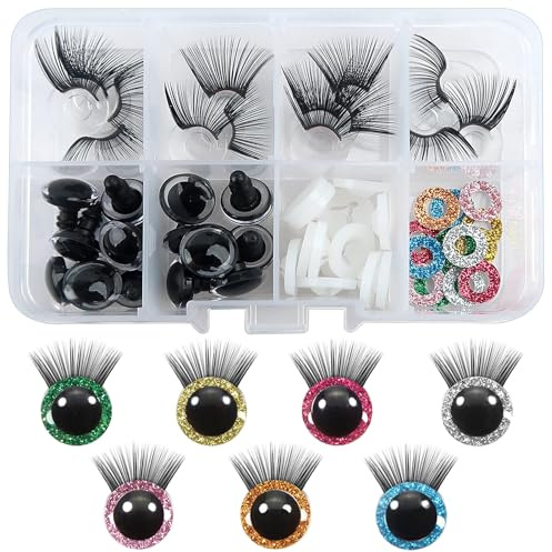 TOAOB 14 Stück Glitzer Sicherheitsaugen für Häkeltiere 12 mm Klein | Kunststoff Puppenaugen, Sicherheitsaugen für Basteln, Augen mit Wimpern, Puppe für Marionette Plüschtier Teddyaugen