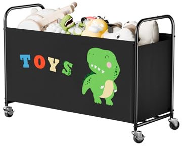 GRANNY SAYS Toy Chest with Wheels, 135L Extra Large Toy Storage Organiser, Metal Toybox Dinosaur, Toys Storage Box for Kids, Baby Toy Bin for Children Nursery Play Room Organizing Plush Toys, Black