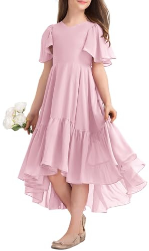 Haloumoning Vestido de verano para niña, cuello en V, con volantes, informal, vestido de una línea, vestido de fiesta alto, bajo, largo, elegante, largo