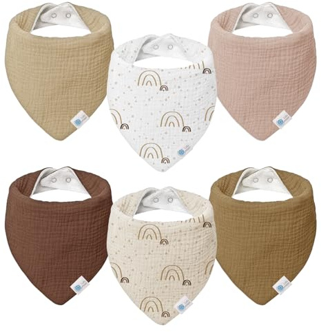lulumoon Babero para Bebé, Muselina para Bebé,100% Algodón Transpirable pañuelo triangular para Niños y Niñas 6 Unidades,Arcoíris