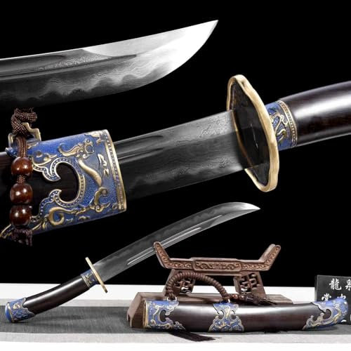 KWXPW 50cm chinesischer Schwert,Musterstahl Stahl mit handgebranntem Wellenmuster,natürlichem Ebenholz Scheide,reinem Kupfer Handschutz,handgemachtes Katana für Sammlung,Geschenke,Ausstellung,Cosplay