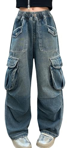 SEAUR Jeans flicka säckig cargobyxor multiväskor cargobyxor Y2K hip hop streetwear fritid barn jeans elastisk linning – 120–170 = (EU 110–164), Vintage blå, 152-158
