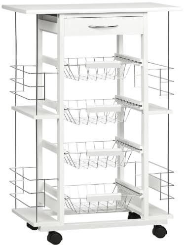 HOMCOM Carrello da Cucina con Cassetto Salvaspazio 57x37x83 cm Bianco | 4 Cesti di Frutta Estraibili, Piano in Ceramica, 4 Ripiani Laterali in Legno di Pino e Metallo