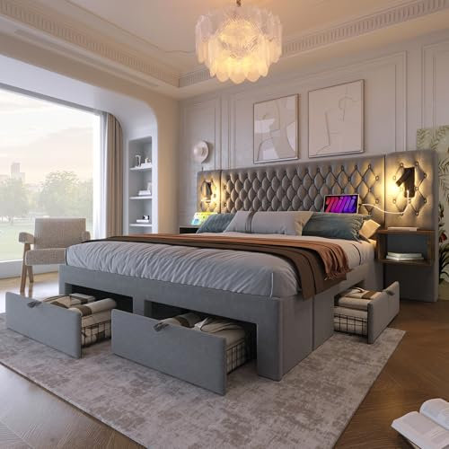 Bettanlage Schlafzimmer Komplett Set,Polsterbett Doppelbett 160×200 cm mit 2 Nachttischen und 4 Schubladen, Kopfteil Leselicht mit USB Ladefunktion-243×211×106cm, Grau, Samt (Ohne Matratze) (Gray)